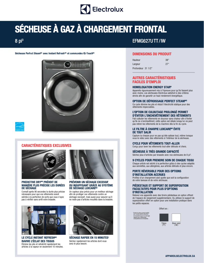 Page 1 de la notice Fiche technique Electrolux EFMG627UIW