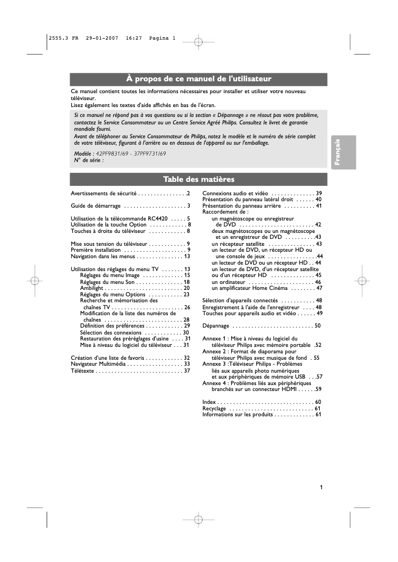 Page n°1 - Manuel utilisateur Philips 37PF9731