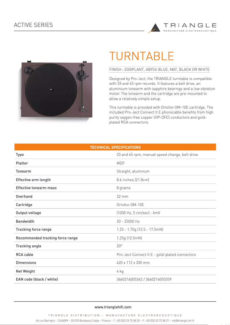Page 1 de la notice Fiche technique Triangle Elara LN01A