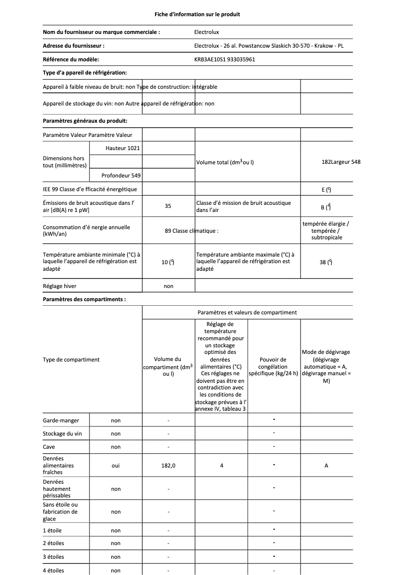 Page 1 de la notice Fiche technique Electrolux KRB3AE10S1