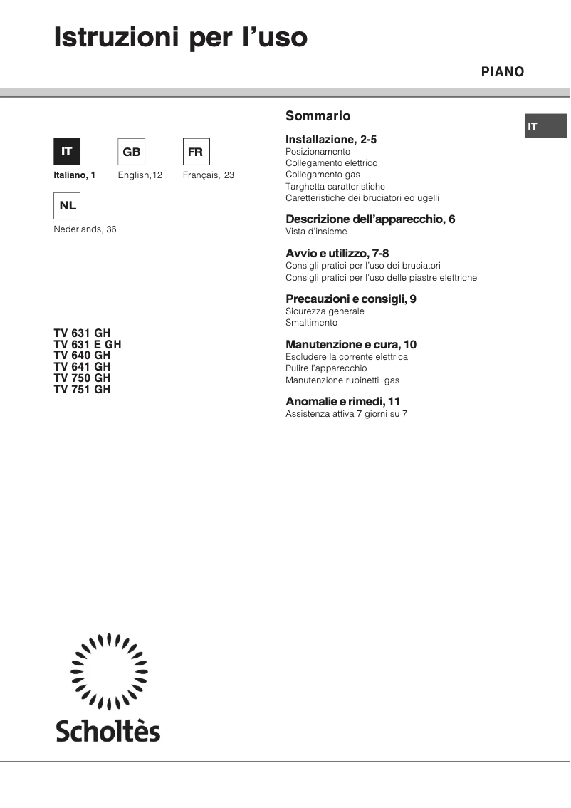 Page 1 de la notice Manuel utilisateur Scholtès TV 640 GHWH