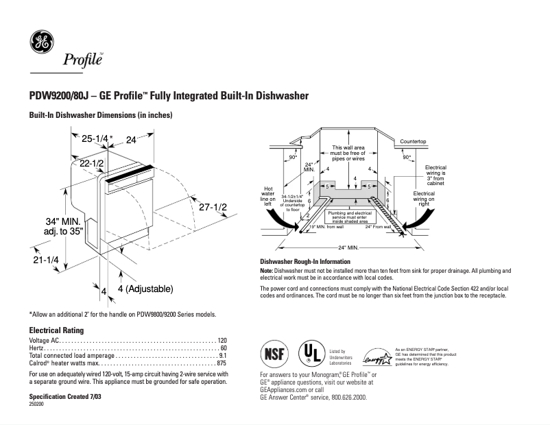 Page 1 de la notice Fiche technique GE Profile PDW9200JCC