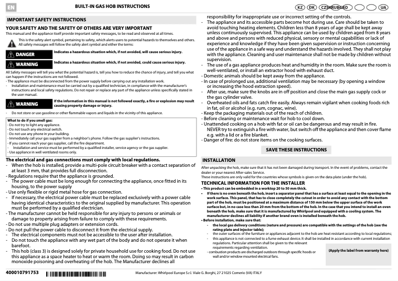 Page 1 de la notice Manuel utilisateur Whirlpool AKR 361/IX