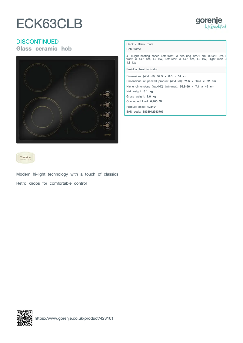 Page n°1 - Fiche technique Gorenje ECK63CLB