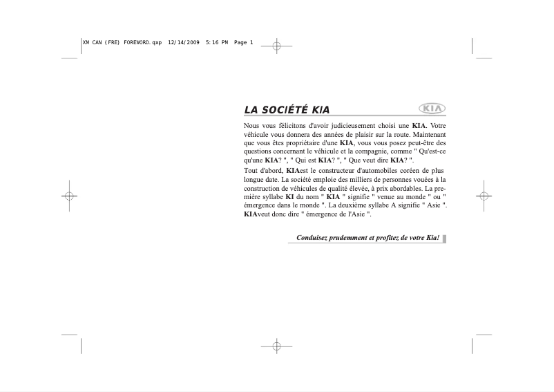 Image de la première page du manuel de l'appareil Sorento (2011)