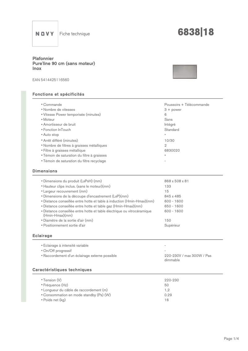 Página 1 del manual Ficha técnica Novy Pureline 6838