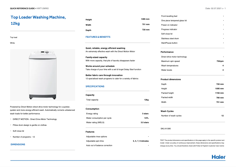 Page 1 de la notice Fiche technique Haier HWT12MW2