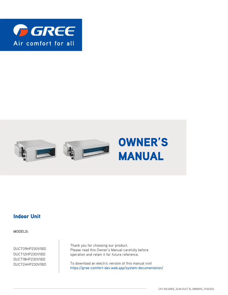 Page 1 de la notice Manuel utilisateur Gree DUCT09HP230V1BD