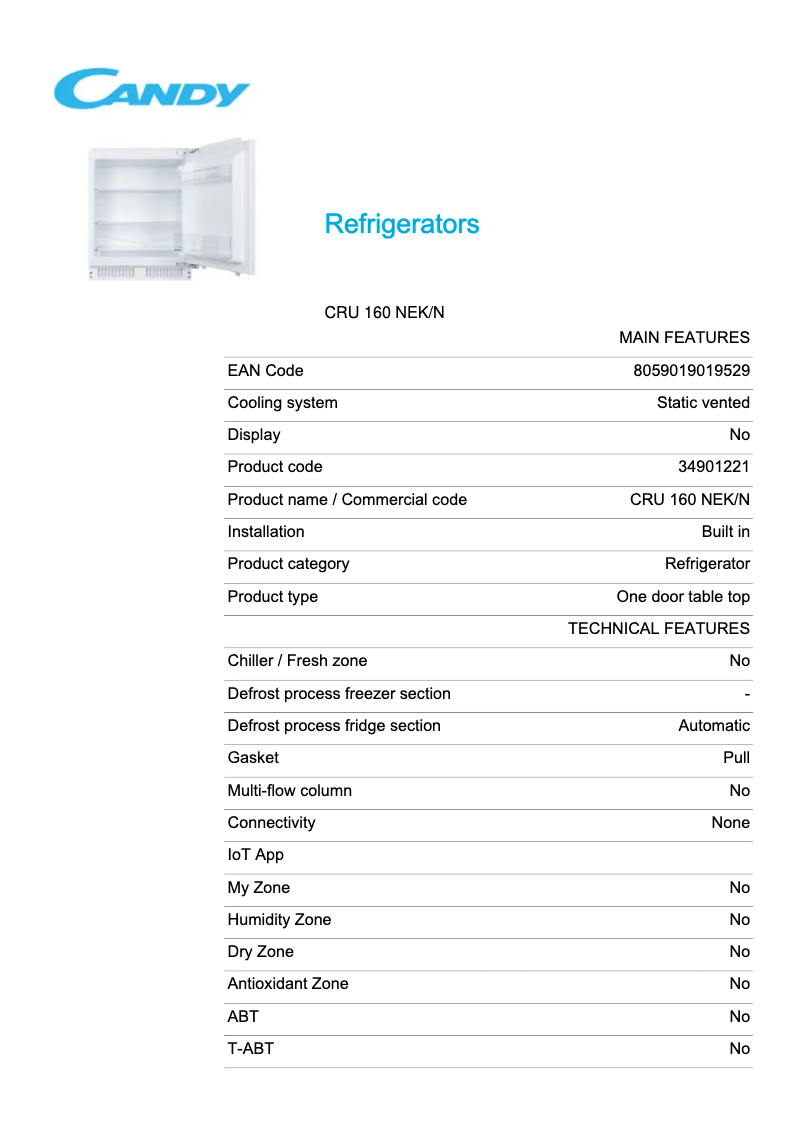 Page 1 de la notice Fiche technique Candy CRU 160 NEK/N