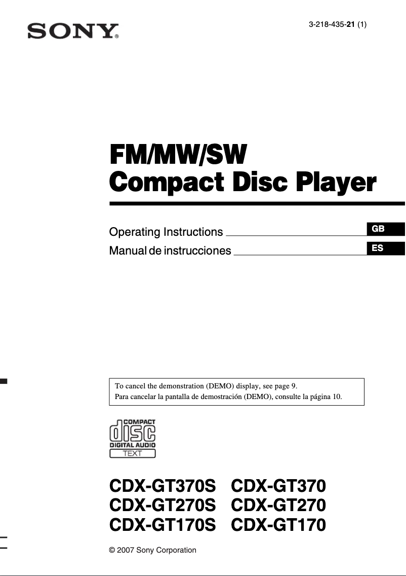 Page 1 de la notice Manuel utilisateur Sony CDX-GT370