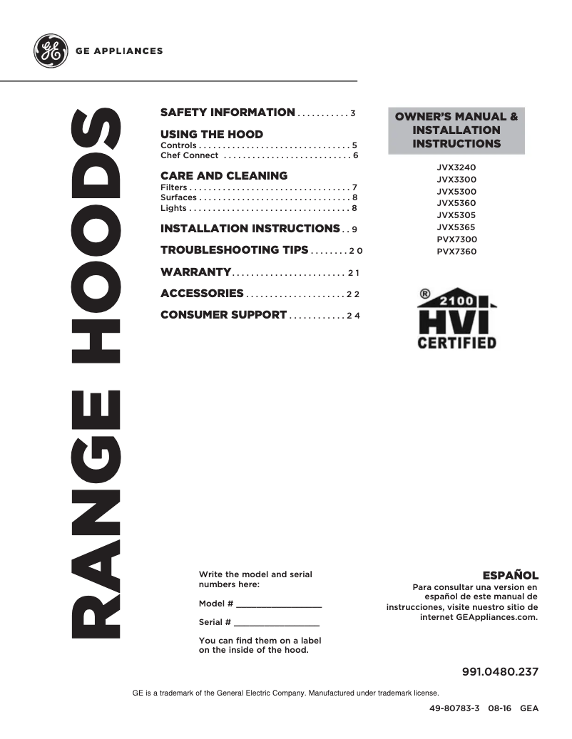 Page 1 of the manual Technical Sheet GE JVX3300EJES