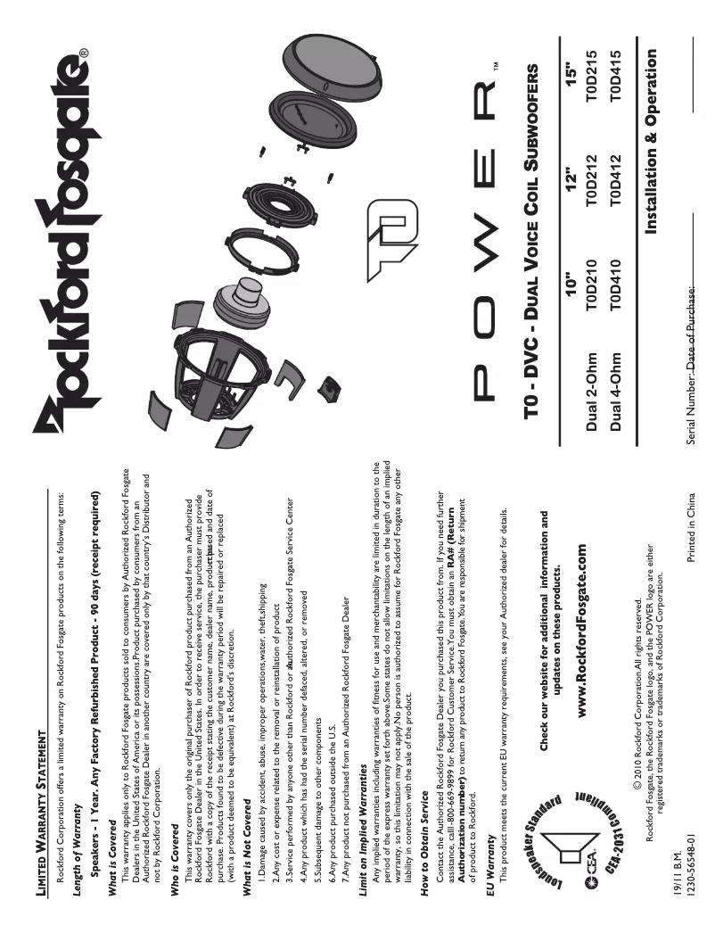 Page 1 de la notice Manuel utilisateur Rockford Fosgate Power T0D415