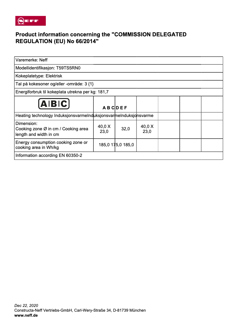 Page 1 of the manual Energy Label Neff T59TS5RN0