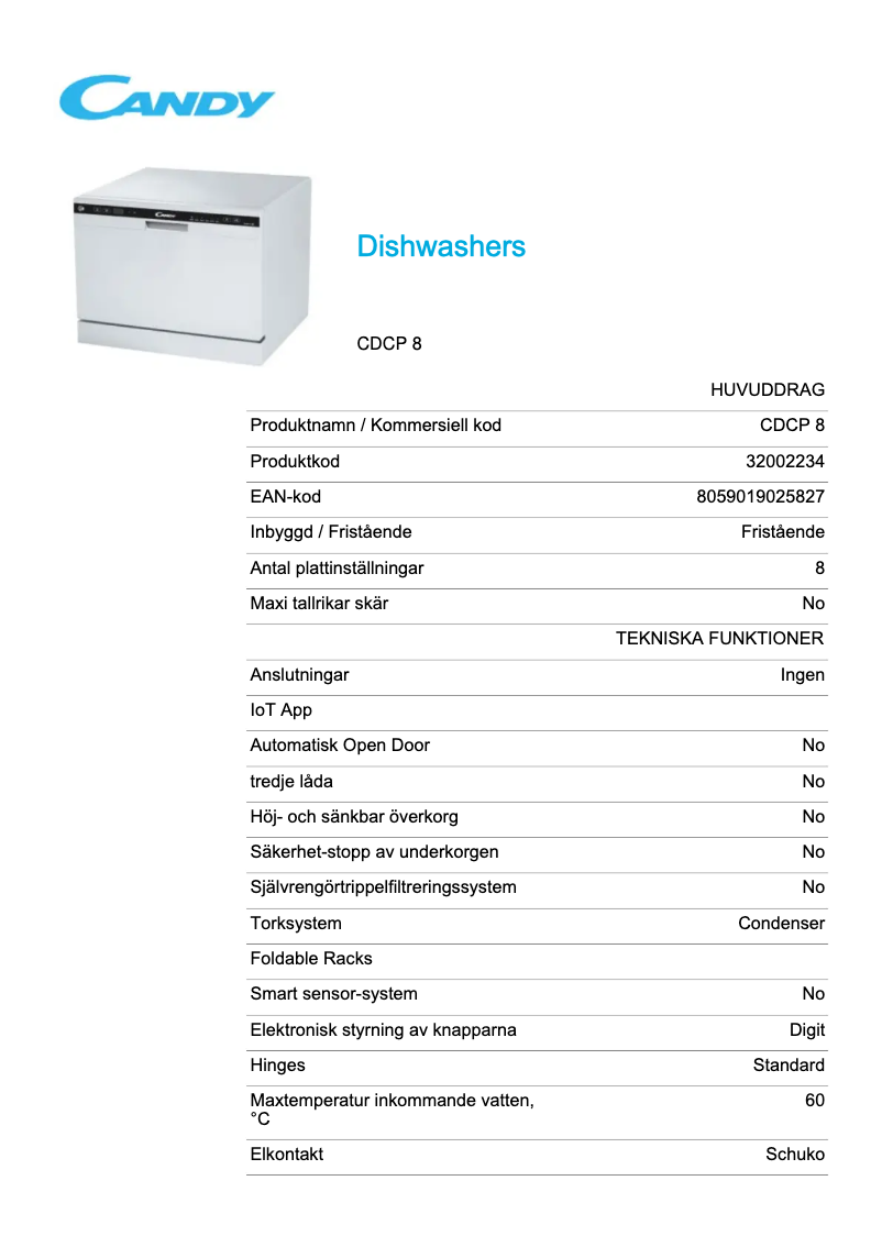 Page 1 de la notice Fiche technique Candy CDCP 8