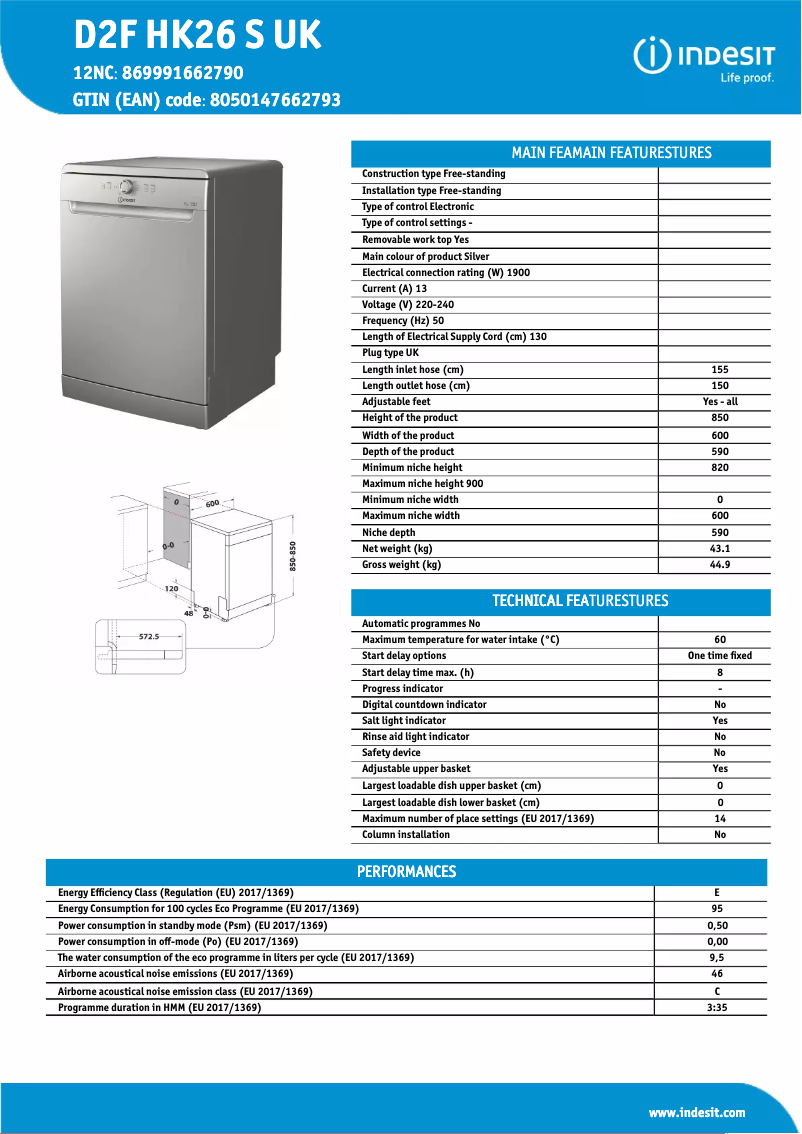 Page n°1 - Fiche technique Indesit D2F HK26 S