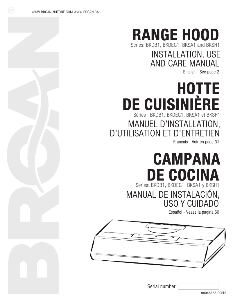 Page n°1 - Guide d'installation Broan BKSH130WW