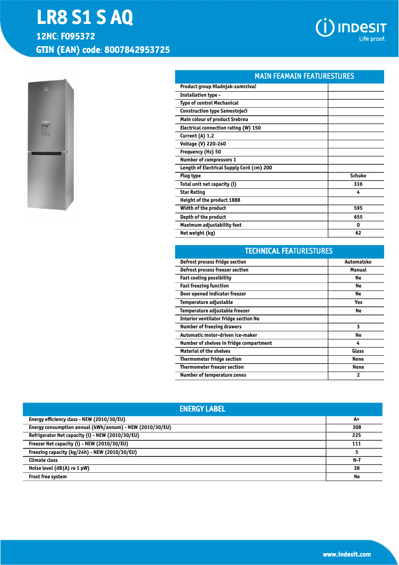 Page 1 de la notice Fiche technique Indesit LR8 S1 S AQ