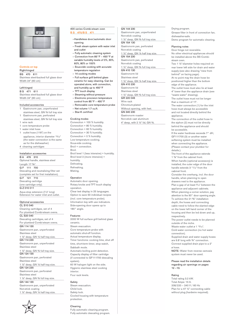 Page 1 de la notice Fiche technique Gaggenau BS470611