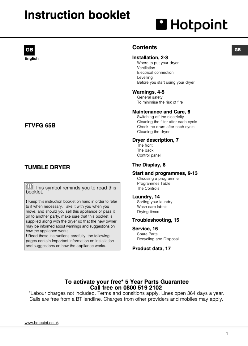 Page 1 de la notice Manuel utilisateur Hotpoint FTVFG 65B GG (UK)