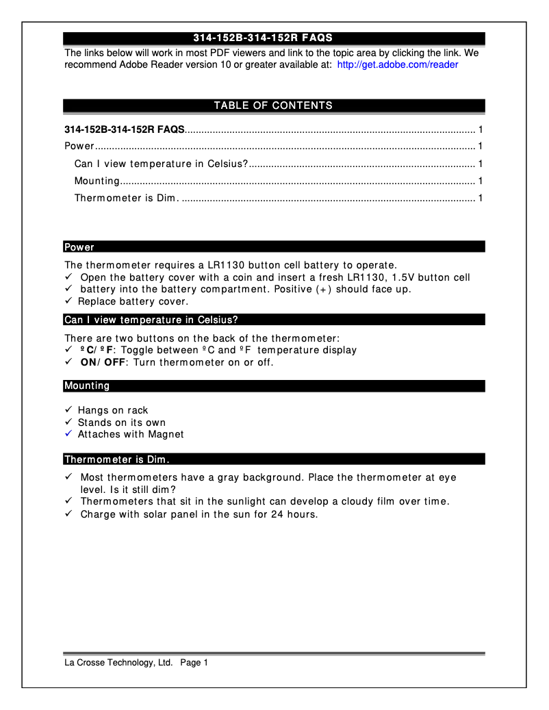 Page 1 de la notice FAQ La Crosse Technology 314-152B