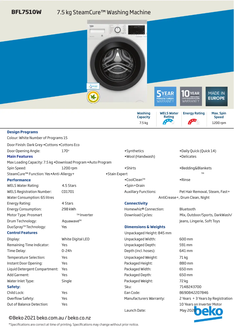 Page 1 de la notice Fiche technique Beko BFL7510W