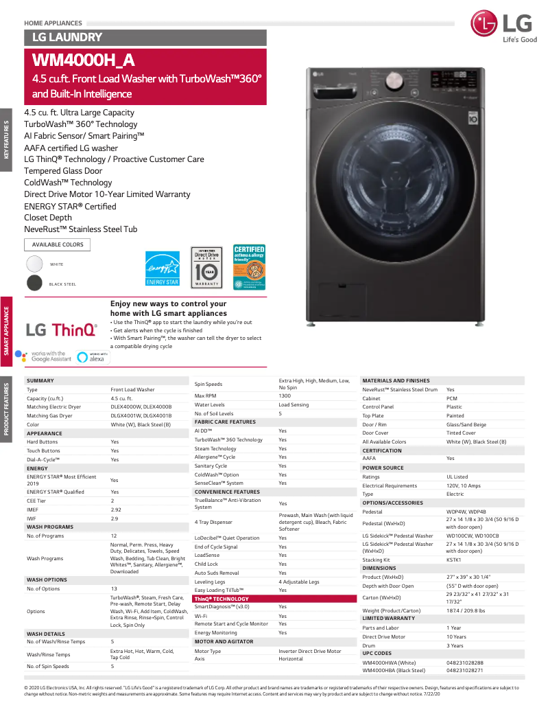 Page n°1 - Fiche technique LG WM4000HWA