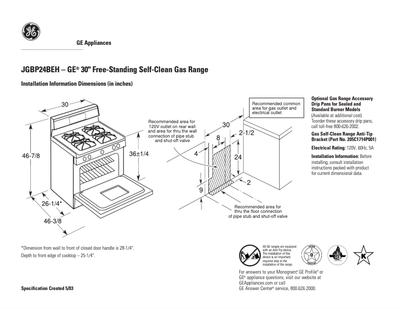 Page 1 de la notice Fiche technique GE JGBP24BEHCT