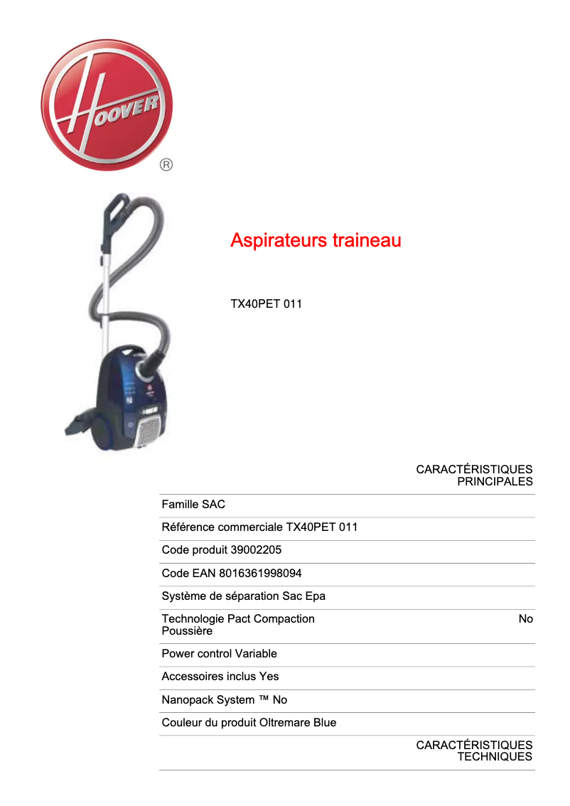 Página 1 del manual Ficha técnica Hoover Telios Extra TX40PET 011