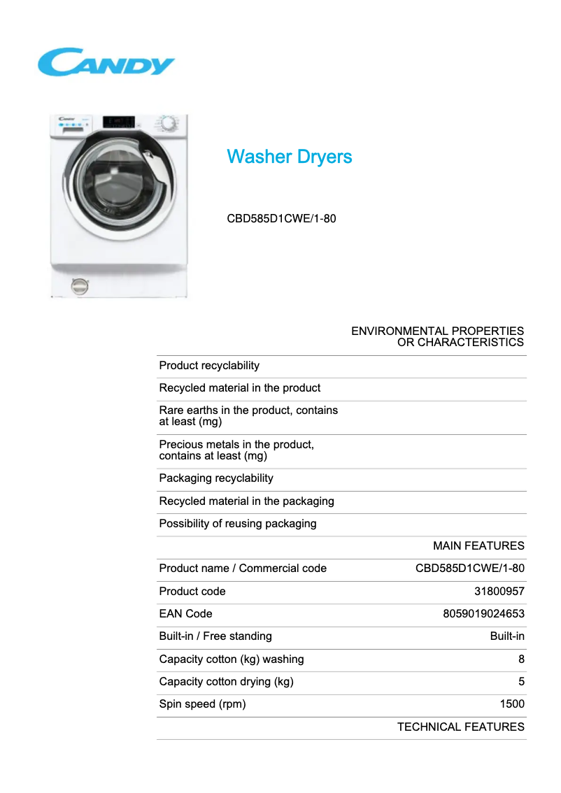 Page 1 de la notice Fiche technique Candy CBD585D1CWE/1-80