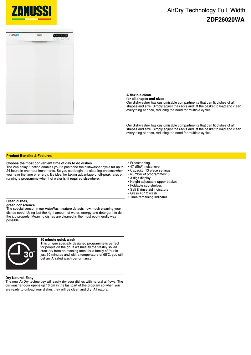 Page 1 de la notice Fiche technique Zanussi ZDF26020WA