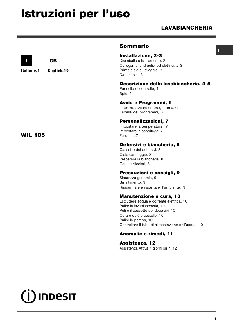 Page 1 de la notice Manuel utilisateur Indesit WIL 105 (EU)