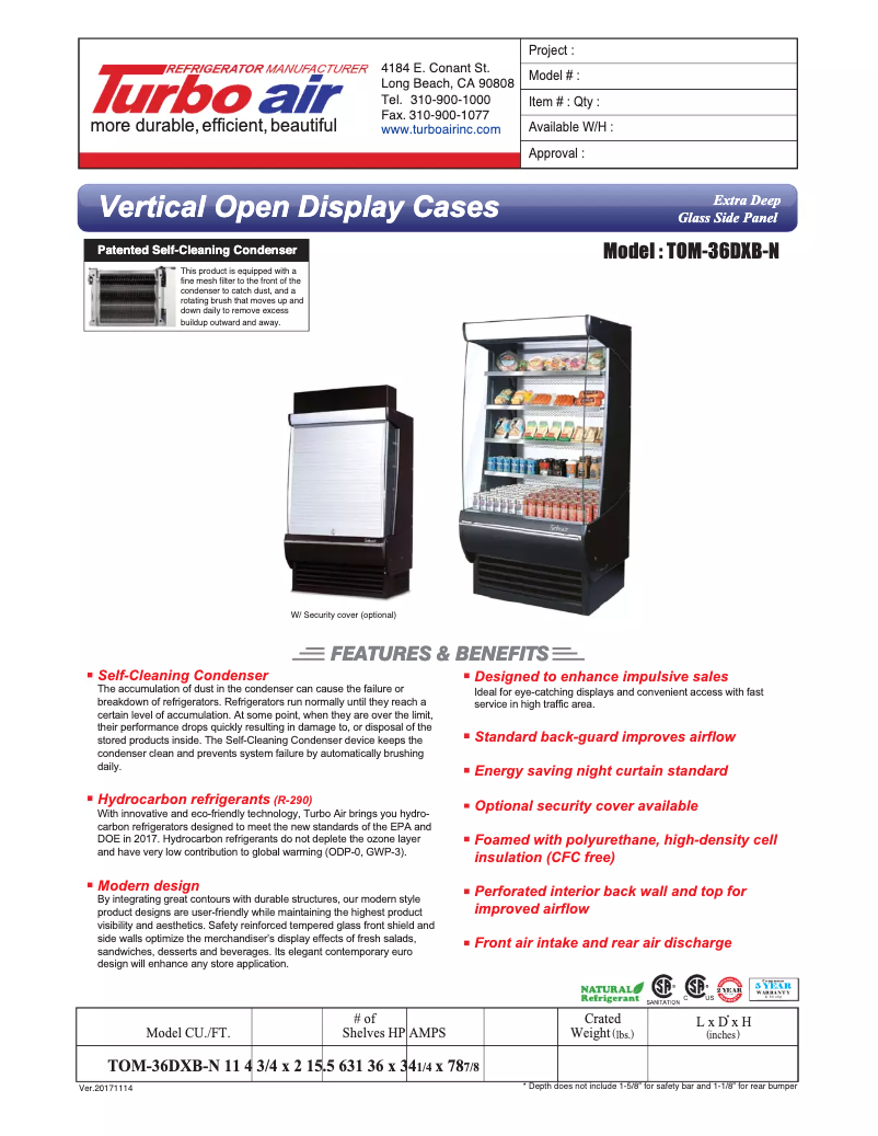 Page 1 de la notice Fiche technique Turbo air TOM-36-DX