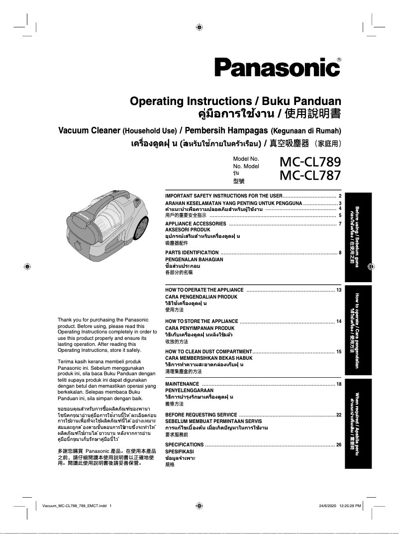 Page 1 de la notice Manuel utilisateur Panasonic MC-CL787