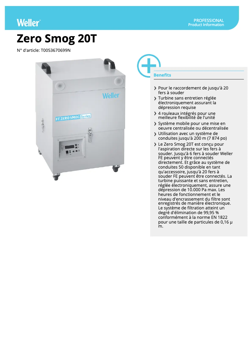 Page 1 de la notice Fiche technique Weller Zero Smog 20T