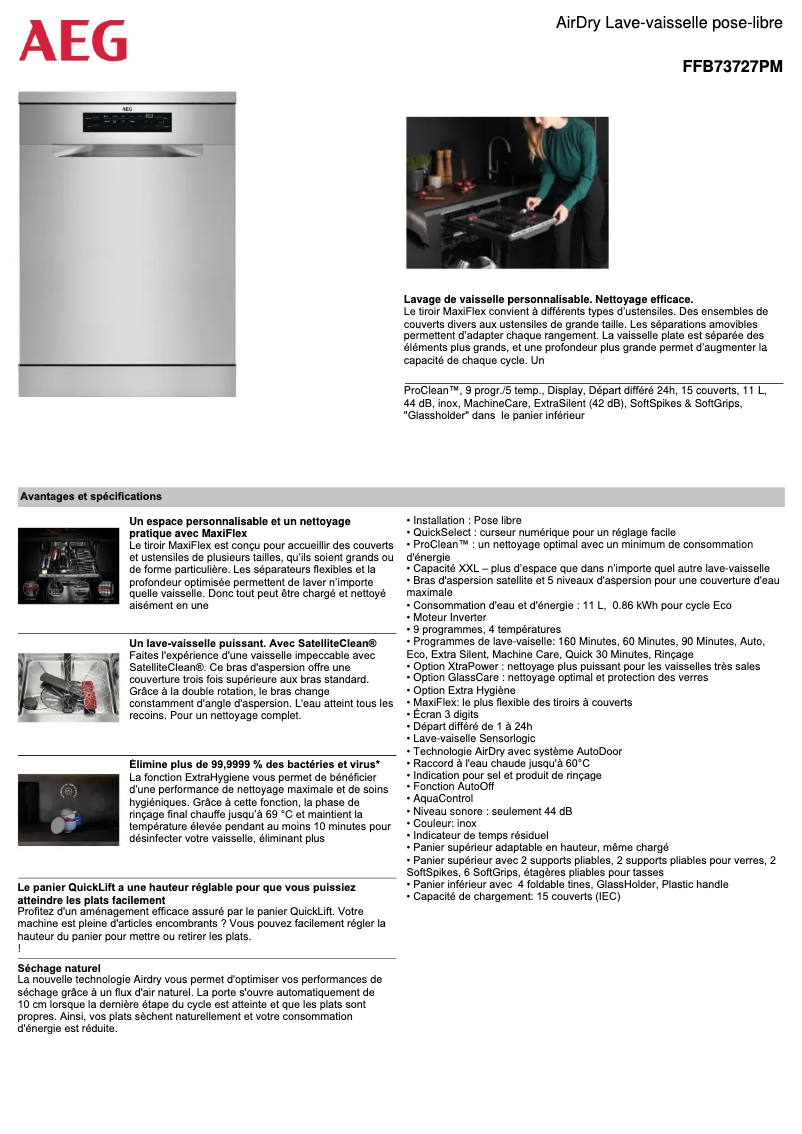 Page 1 de la notice Fiche technique AEG FFB73727PM