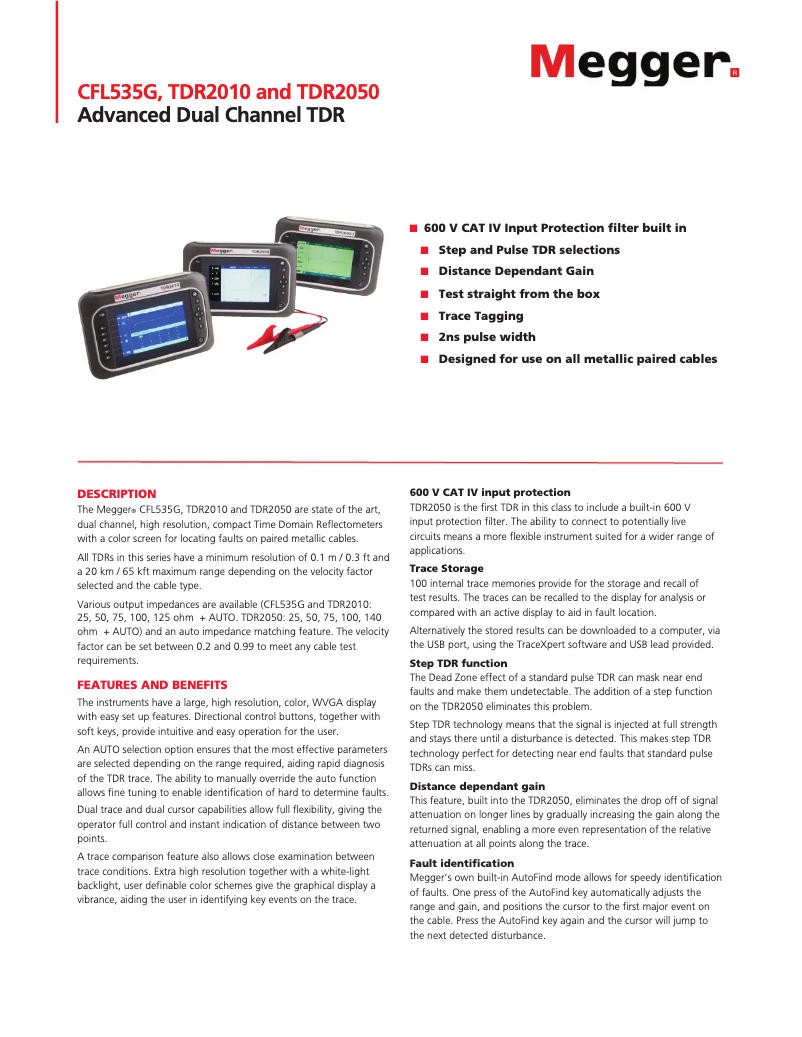 Page 1 de la notice Fiche technique Megger TDR2010