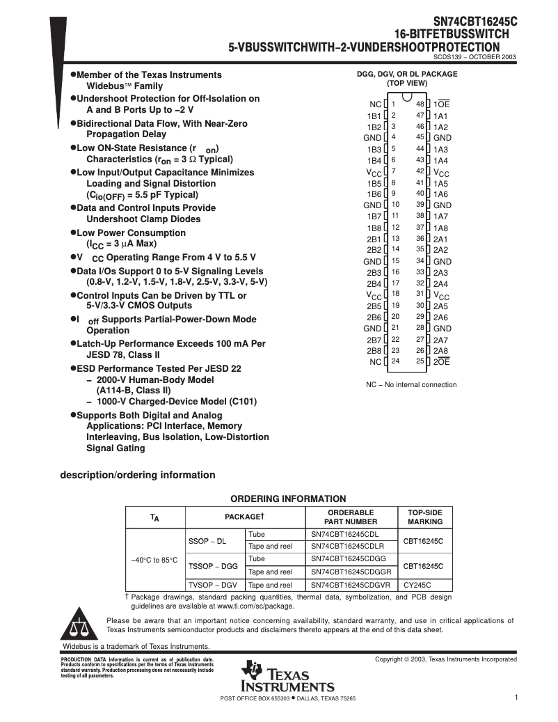Page 1 de la notice Manuel utilisateur Texas Instruments SN74CBT16245CDL