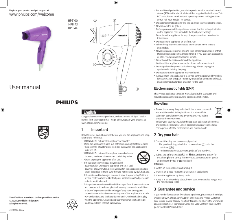 Page n°1 - Manuel utilisateur Philips SalonDry HP8144