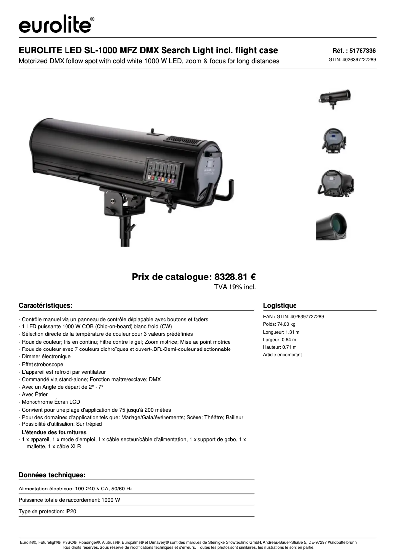 Page 1 de la notice Fiche technique Eurolite LED SL-1000
