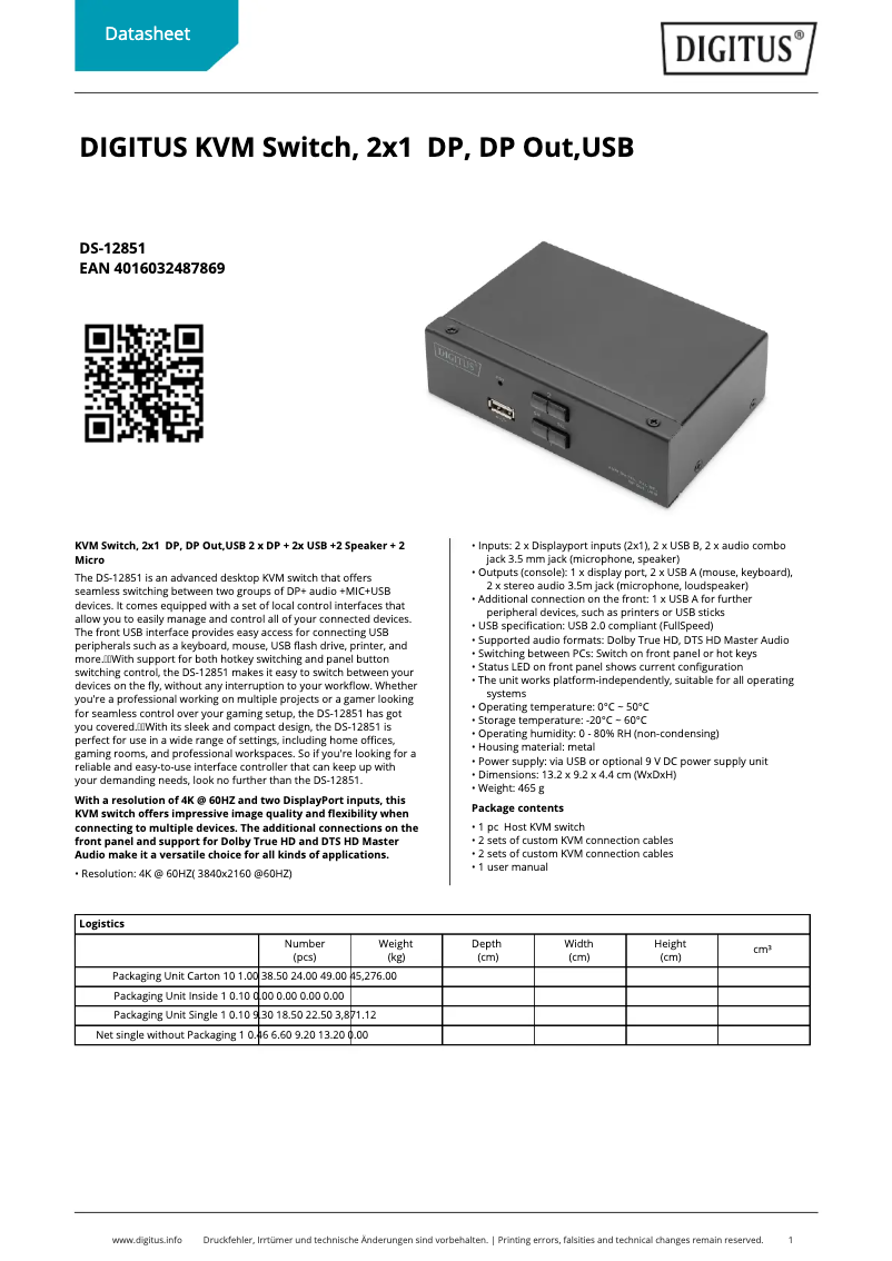 Page 1 of the manual Technical Sheet Digitus DS-12851