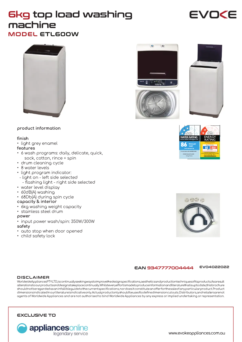 Page 1 de la notice Manuel utilisateur Evoke ETL600W