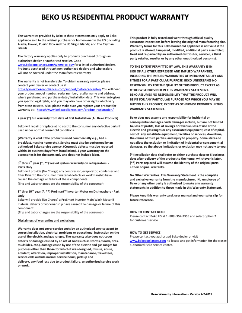 Page 1 de la notice Informations de garantie Beko DIT39434