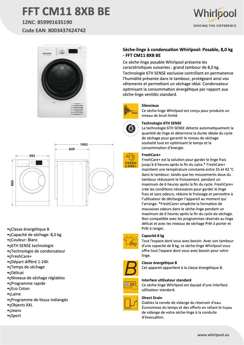Page n°1 - Fiche technique Whirlpool FFT CM11 8XB BE