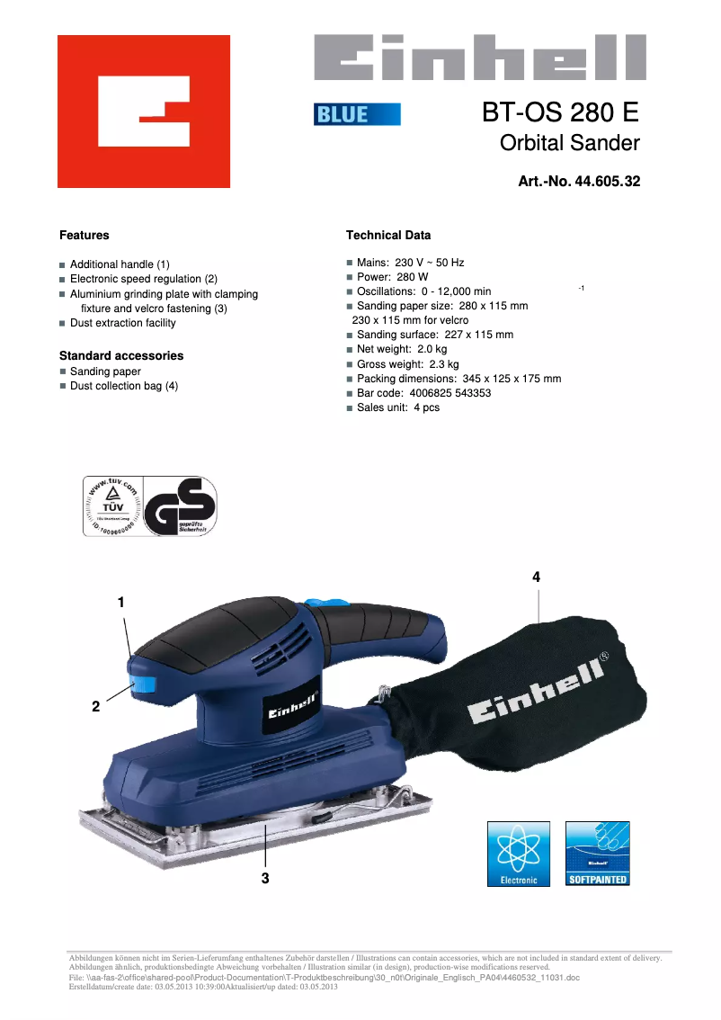 Page 1 de la notice Fiche technique Einhell BT-OS 280 E