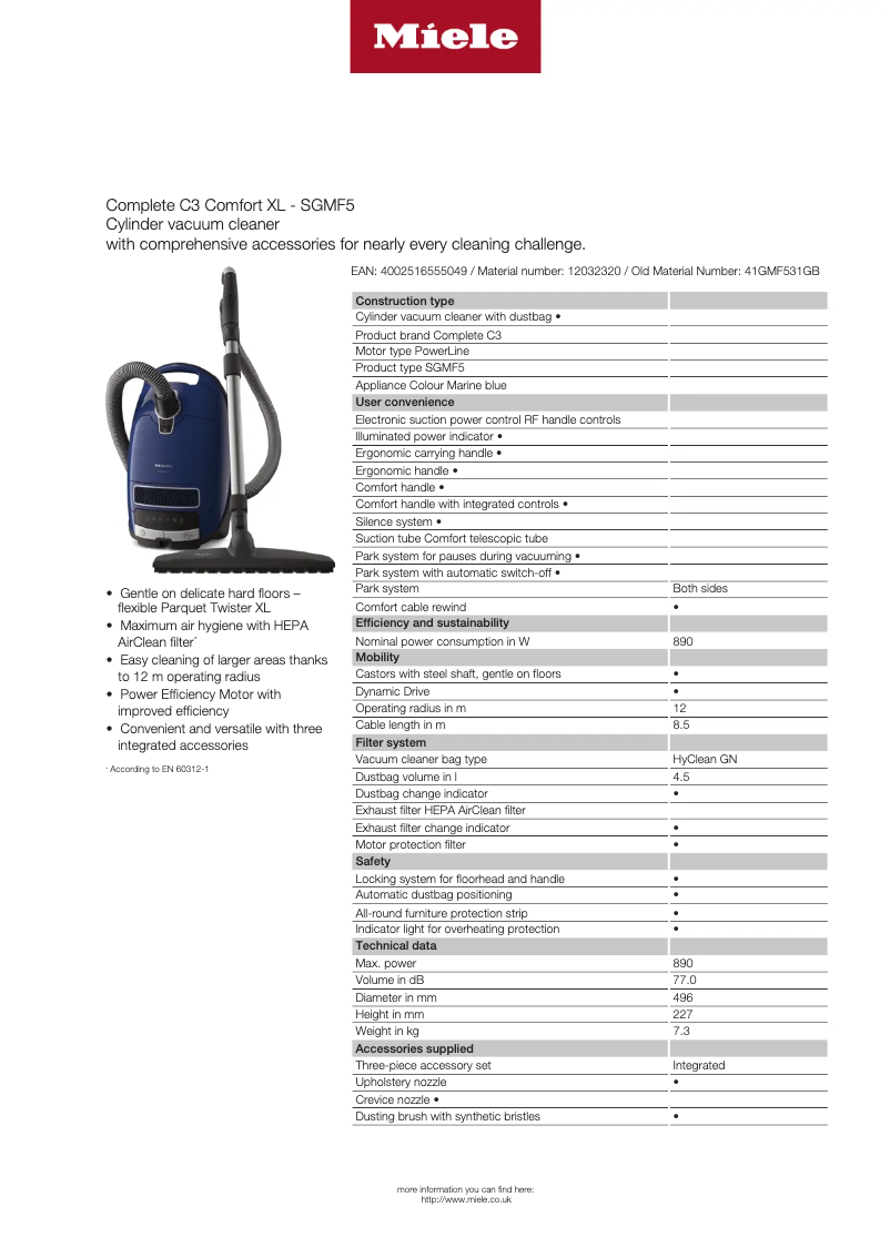 Page 1 de la notice Fiche technique Miele Complete C3 Comfort XL