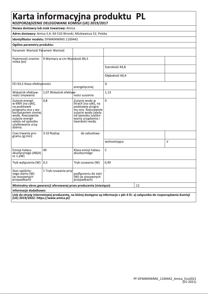 Page 1 de la notice Manuel utilisateur Amica DFM404WMG