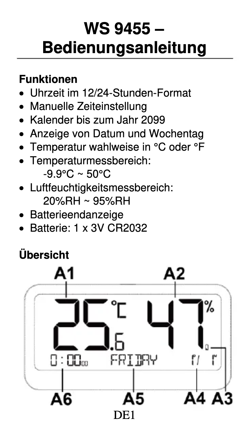 Page 1 de la notice Manuel utilisateur Techno Line WS 9455