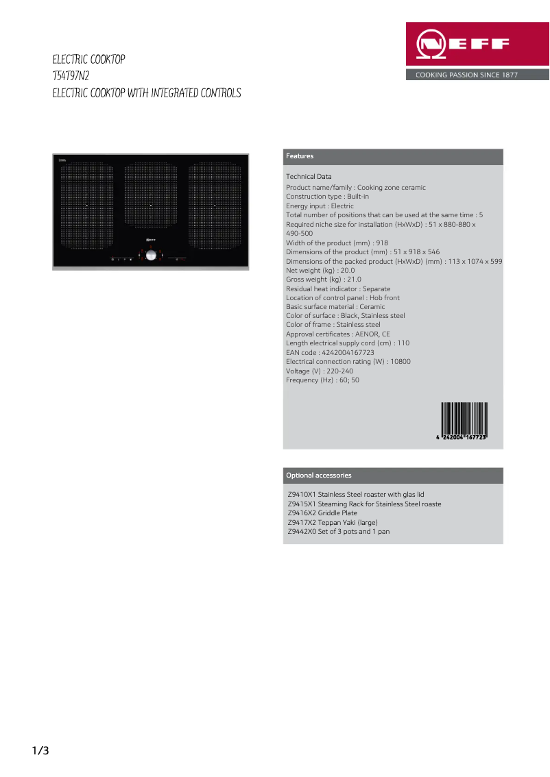 Page 1 de la notice Fiche technique Neff T54T97N2