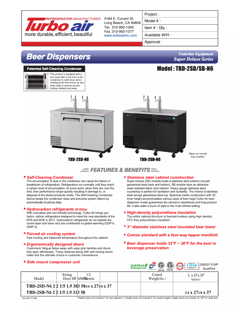 Page 1 de la notice Fiche technique Turbo air TBD-2SD