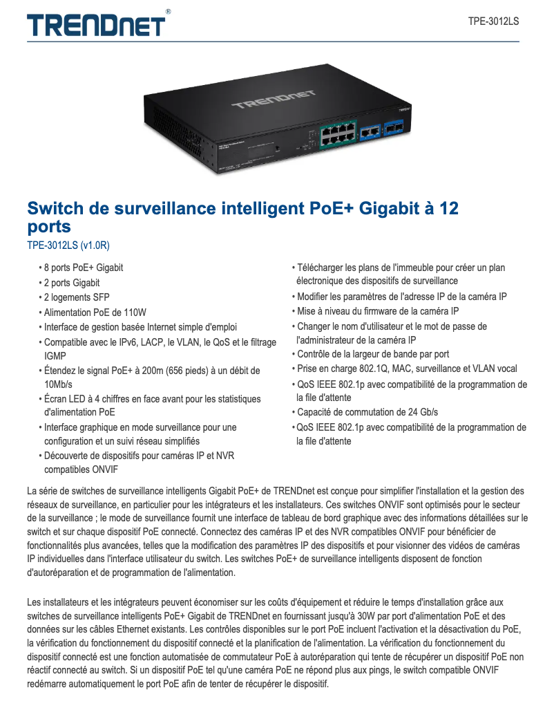 Page 1 de la notice Fiche technique TRENDnet TPE-3012LS